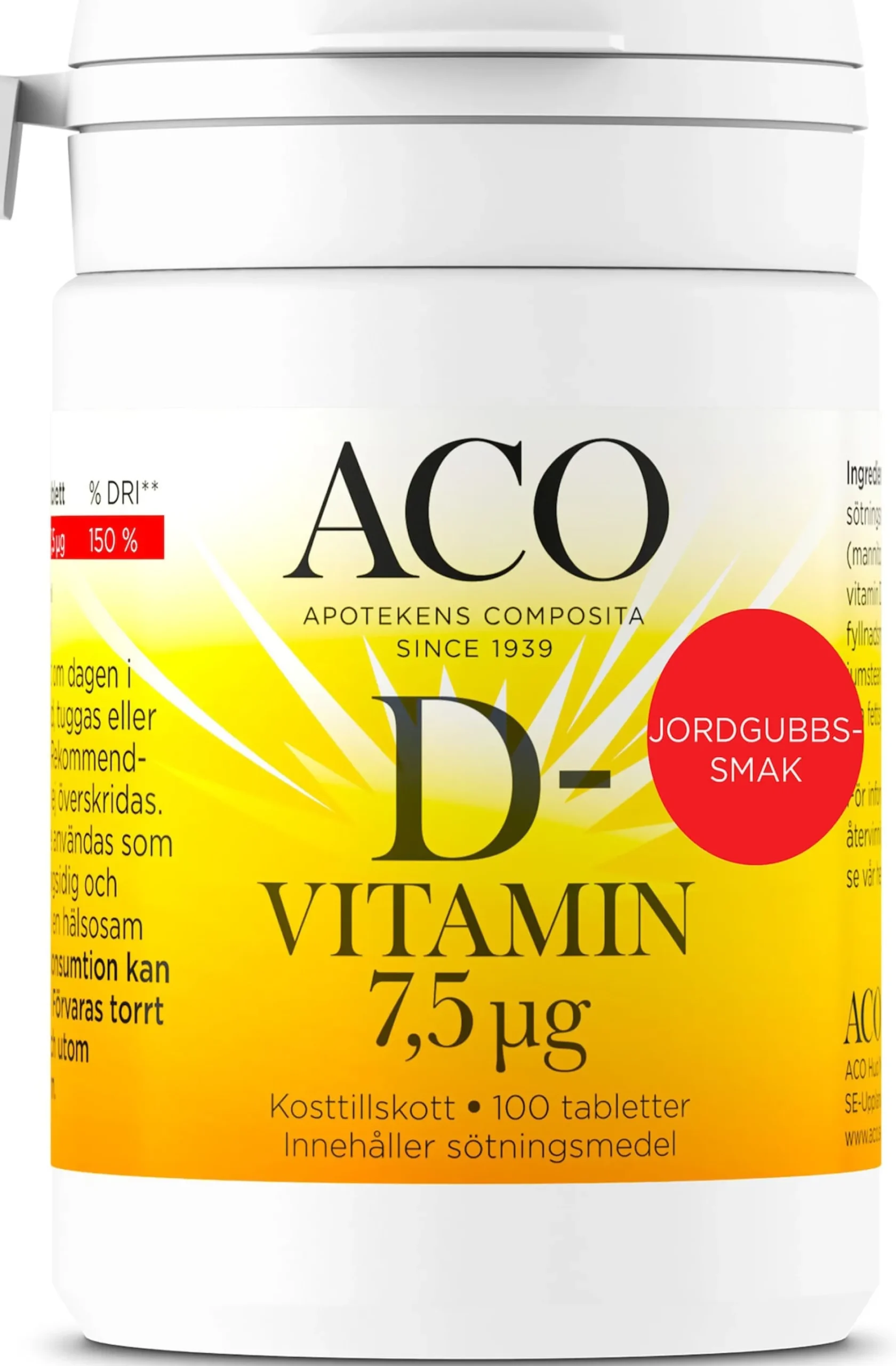 ACO D-vitamin 7,5 µg Jordgubbssmak 100 tabletter
