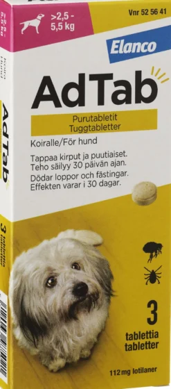 AdTab 112mg Fästingmedel Hund 2,5-5,5kg 3 tuggtabletter