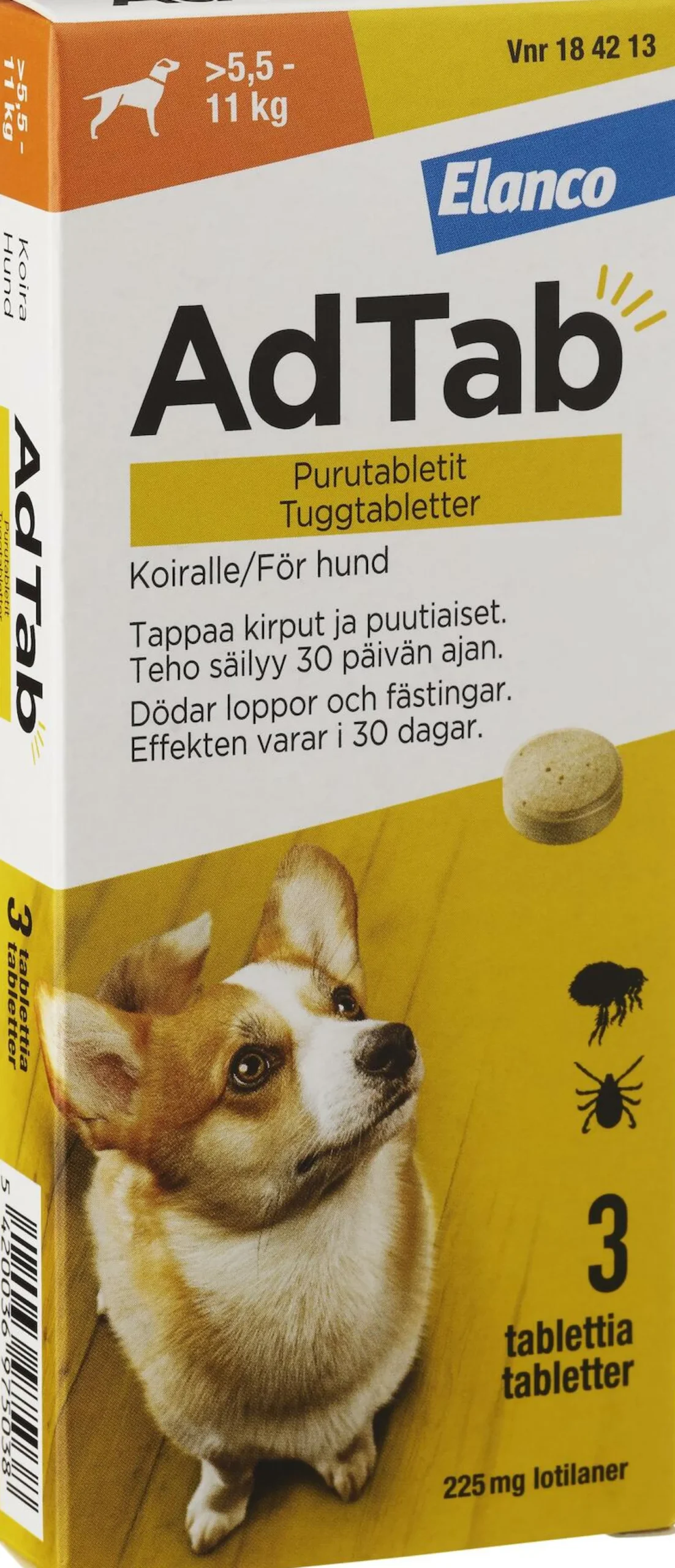 AdTab 225mg Fästingmedel Hund 5,5-11kg 3 tuggtabletter