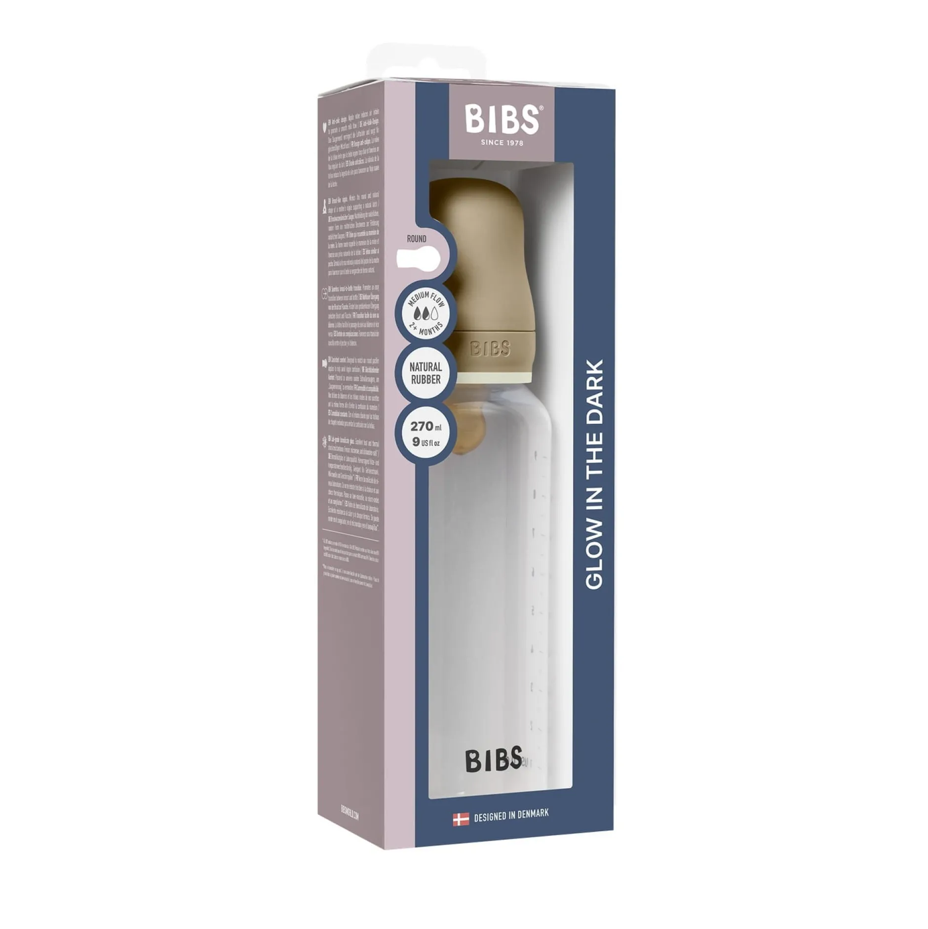 BIBS Baby Bottle Round Latex 1 pack 270 ml Medium Flow Vanilla GLOW