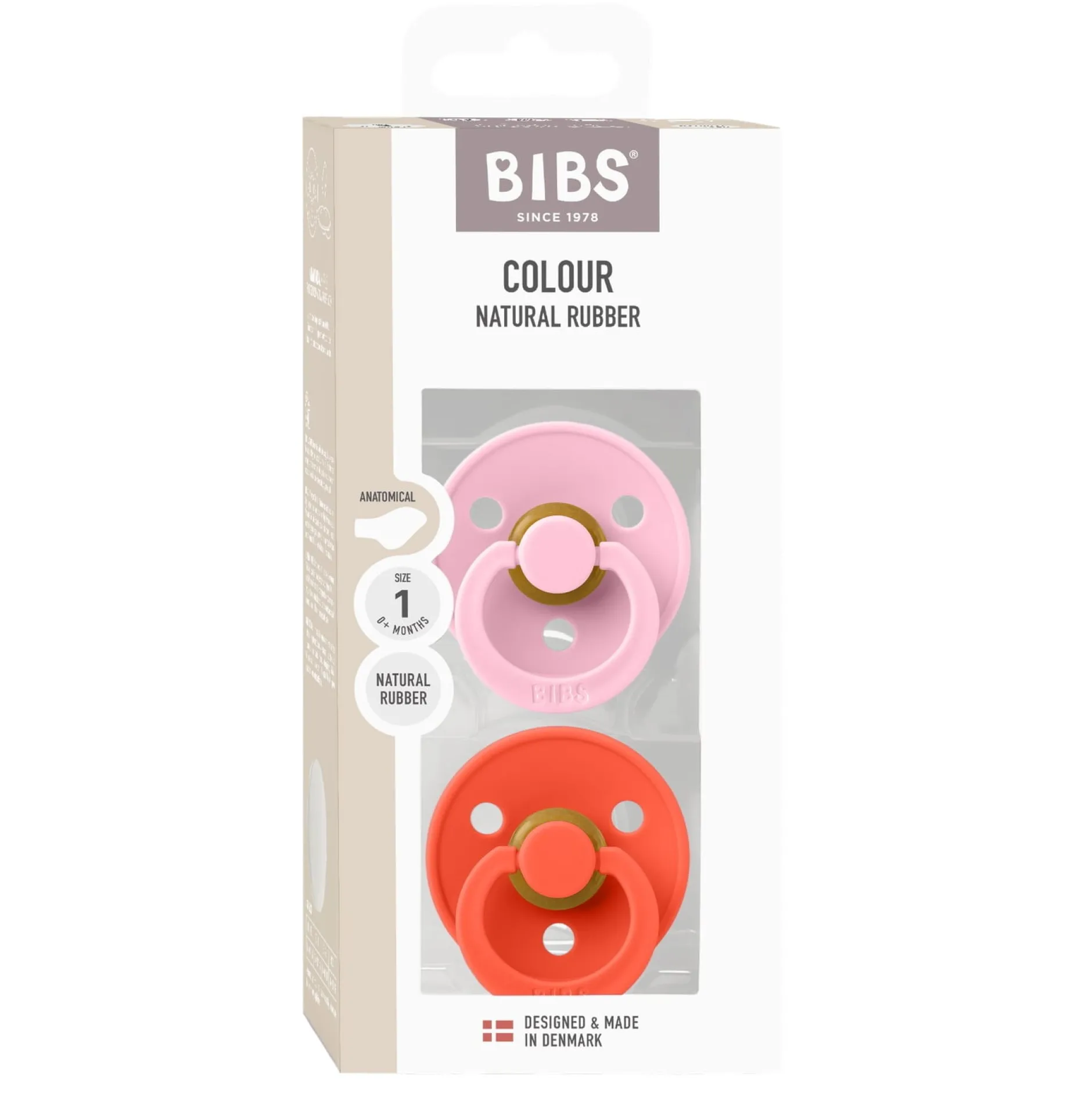 BIBS Pacifier Colour 2 PACK Anatomical Latex Size 1 Baby Pink/Tango