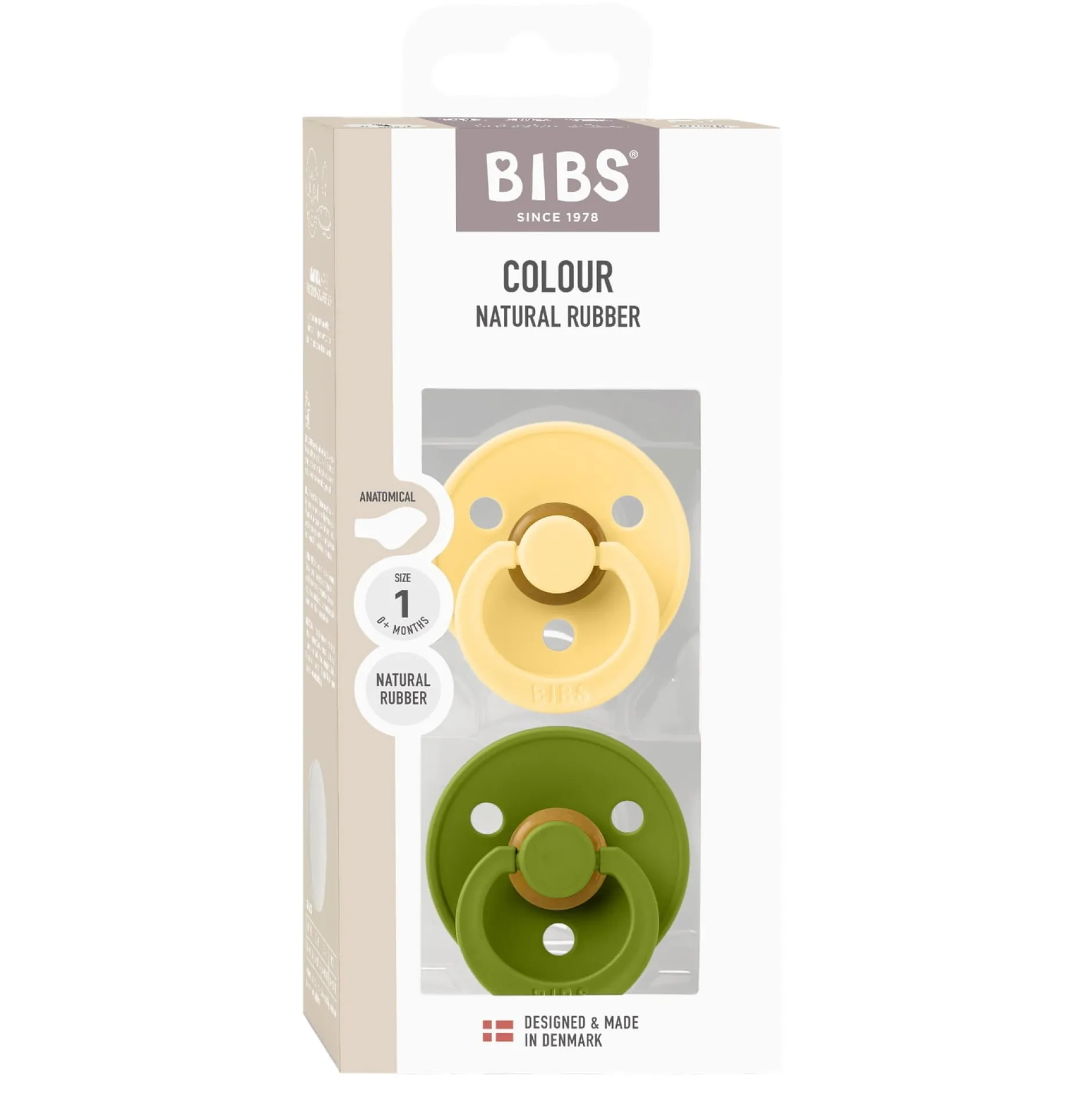 BIBS Pacifier Colour 2 PACK Anatomical Latex Size 1 Pale Butter/Wasabi