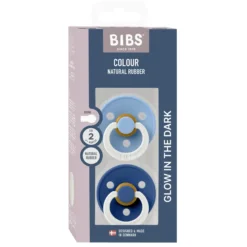 BIBS Pacifier Colour 2 PACK Latex Size 2 Sky Blue GLOW/Cornflower GLOW