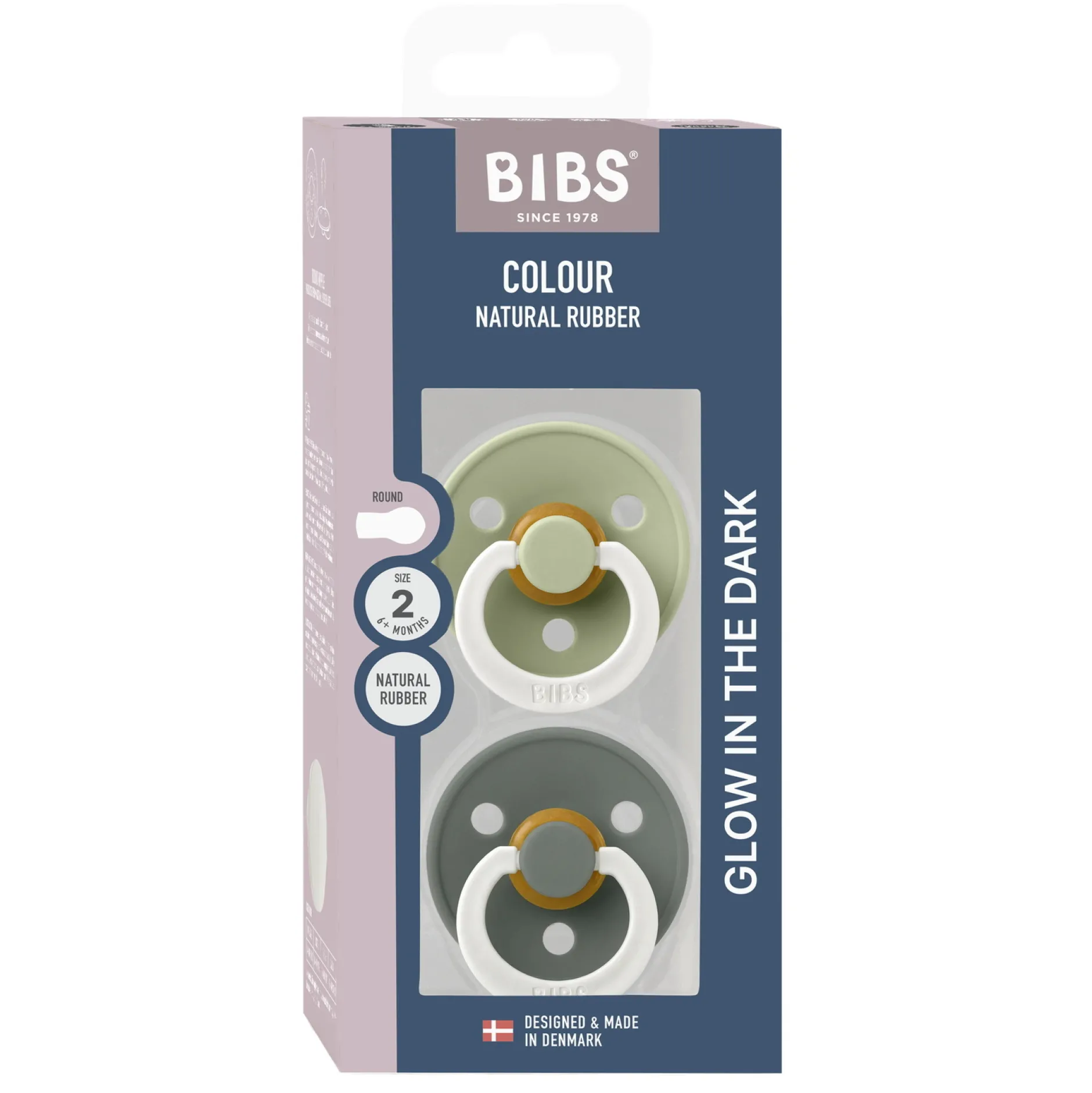 BIBS Pacifier Colour 2 PACK Latex Size 2 Sage GLOW/Pine GLOW