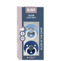 BIBS Pacifier Colour 2 PACK Latex Size 3 Sky Blue GLOW/Cornflower GLOW