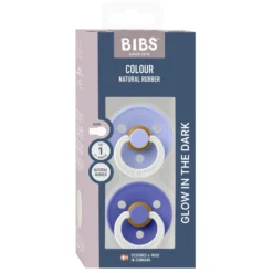BIBS Pacifier Colour 2 PACK Latex Size 1 Hush GLOW/Grape GLOW
