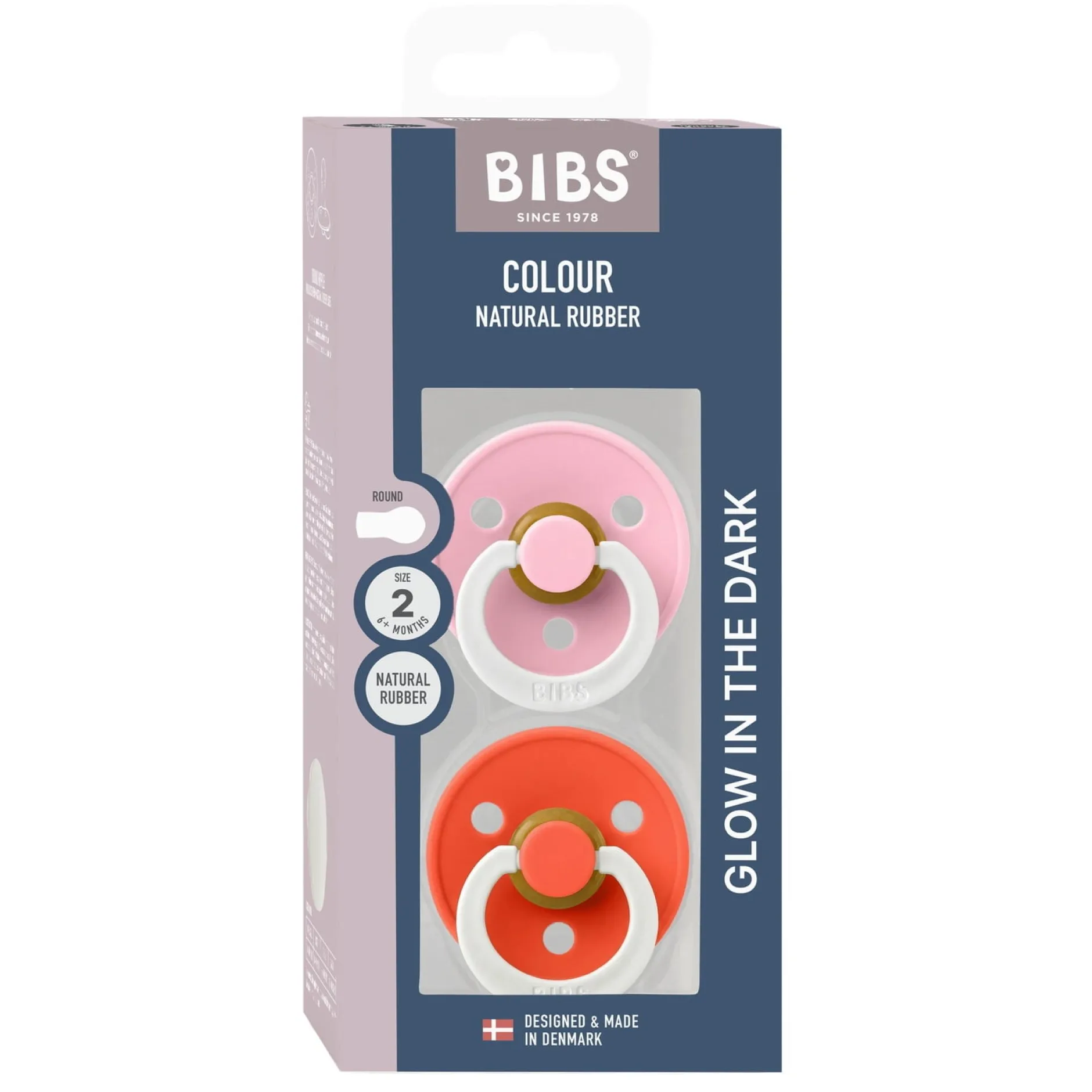BIBS Pacifier Colour 2 PACK Latex Size 2 Baby Pink GLOW/Tango GLOW