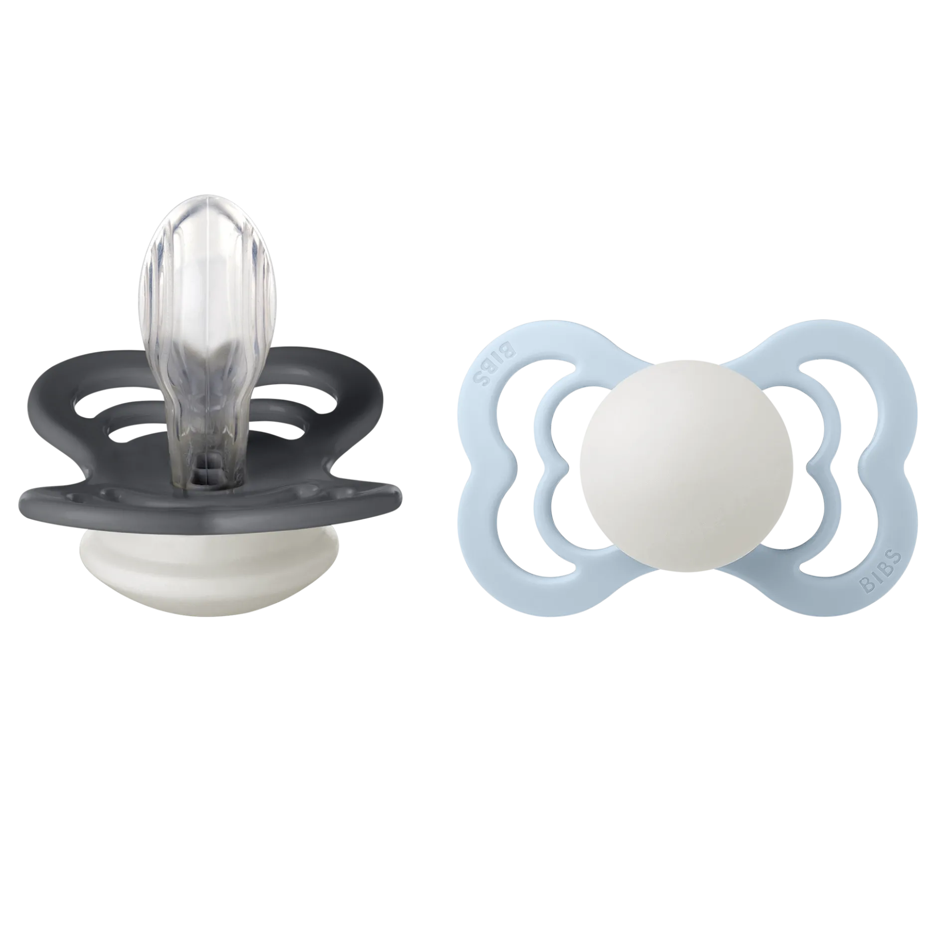 BIBS Pacifier Supreme Silicone Size 2 Iron Glow/Baby Blue Glow 2 st