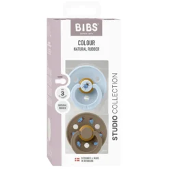 BIBS Studio Colour Pacifier Beetle Mix 2 pack Latex Size 3 Round Baby Blue/Dark Oak