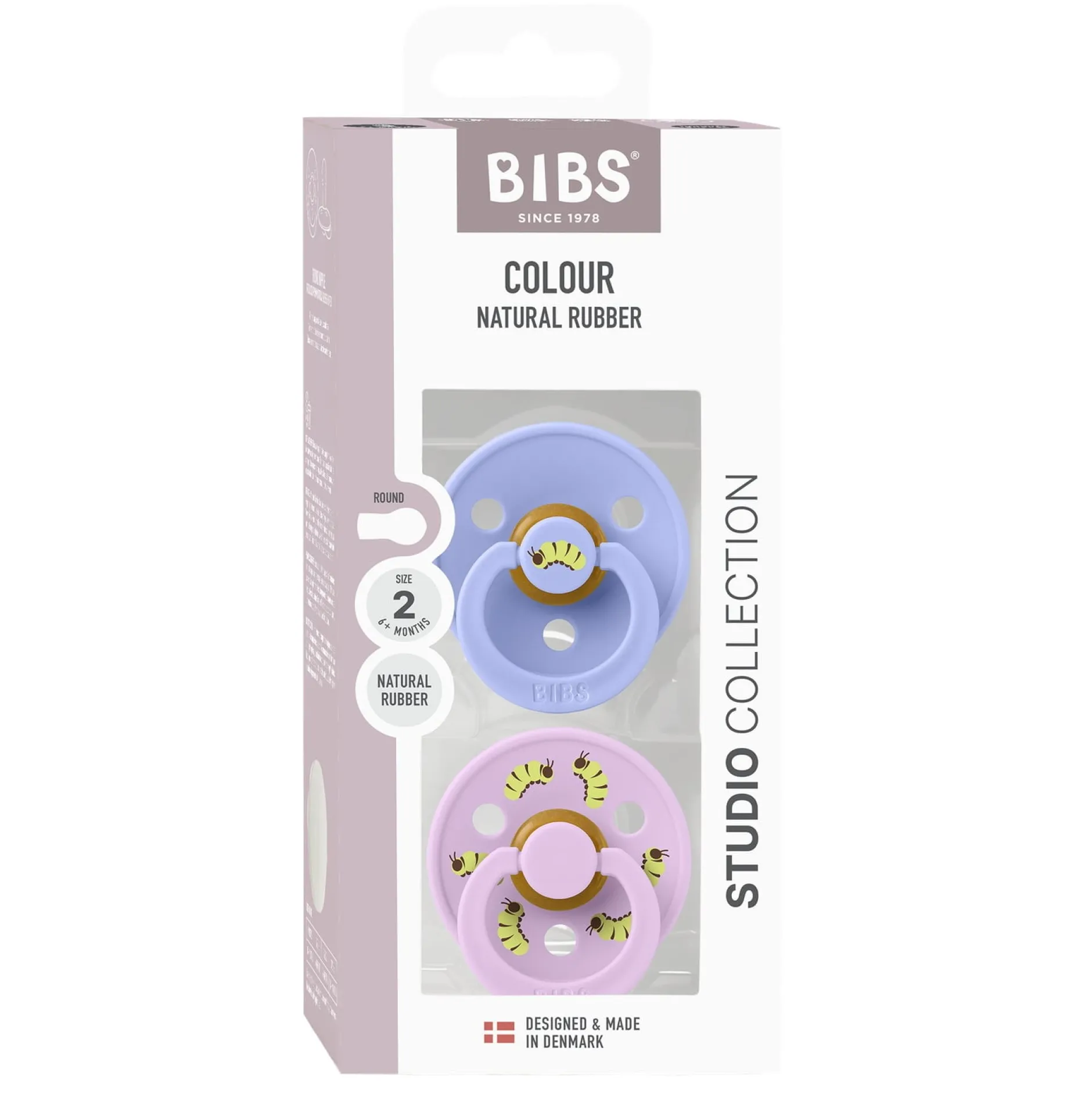 BIBS Studio Colour Pacifier Caterpillar Mix 2 pack Latex Size 2 Round Hush/Violet Sky