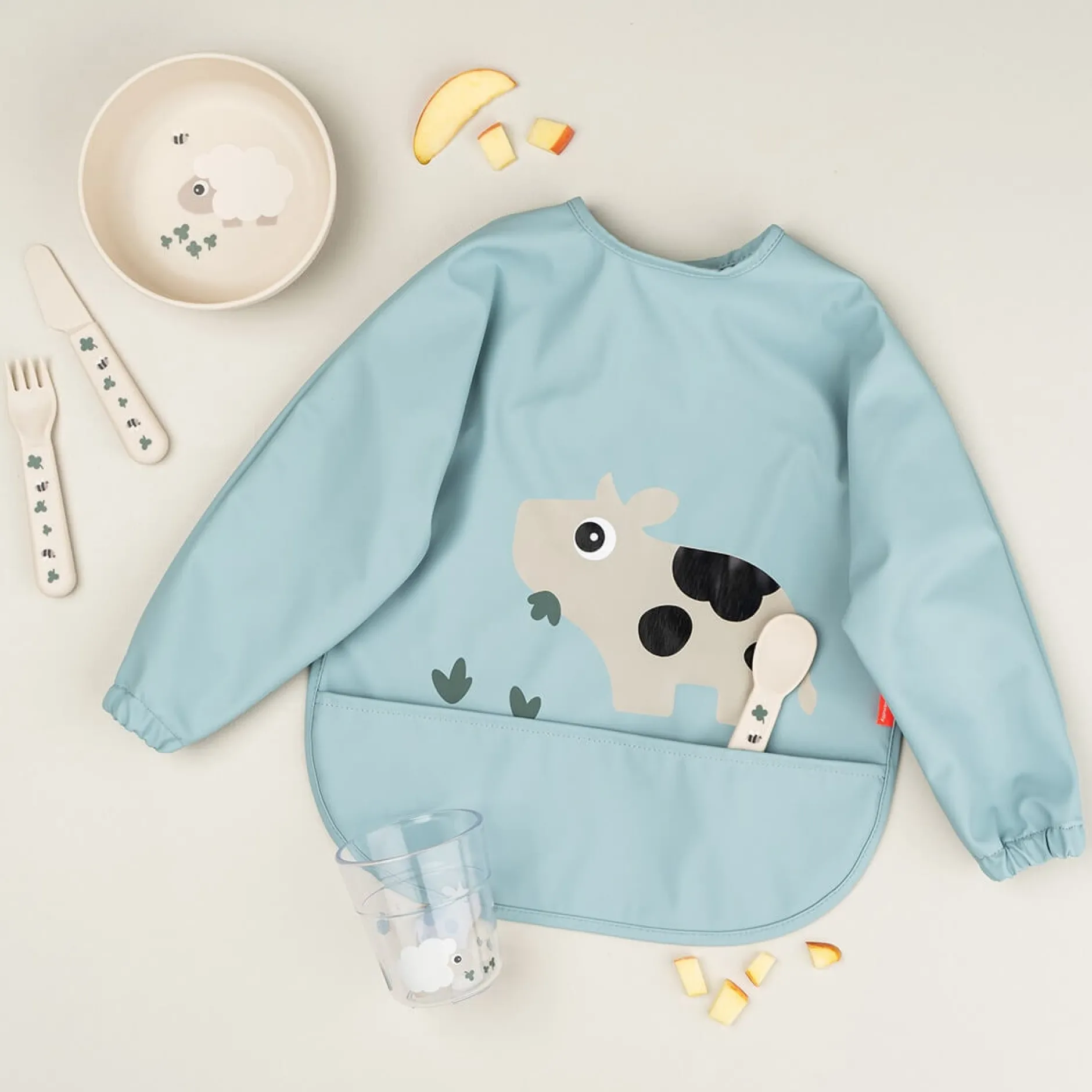 Done by Deer Sleeved pocket Bib Tiny Farm Blue