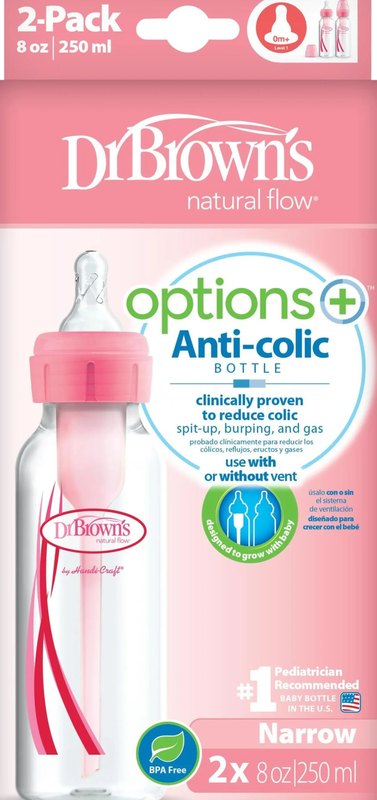 Dr.Brown 250ml Narrow Options+ Bottle Pink 2 st