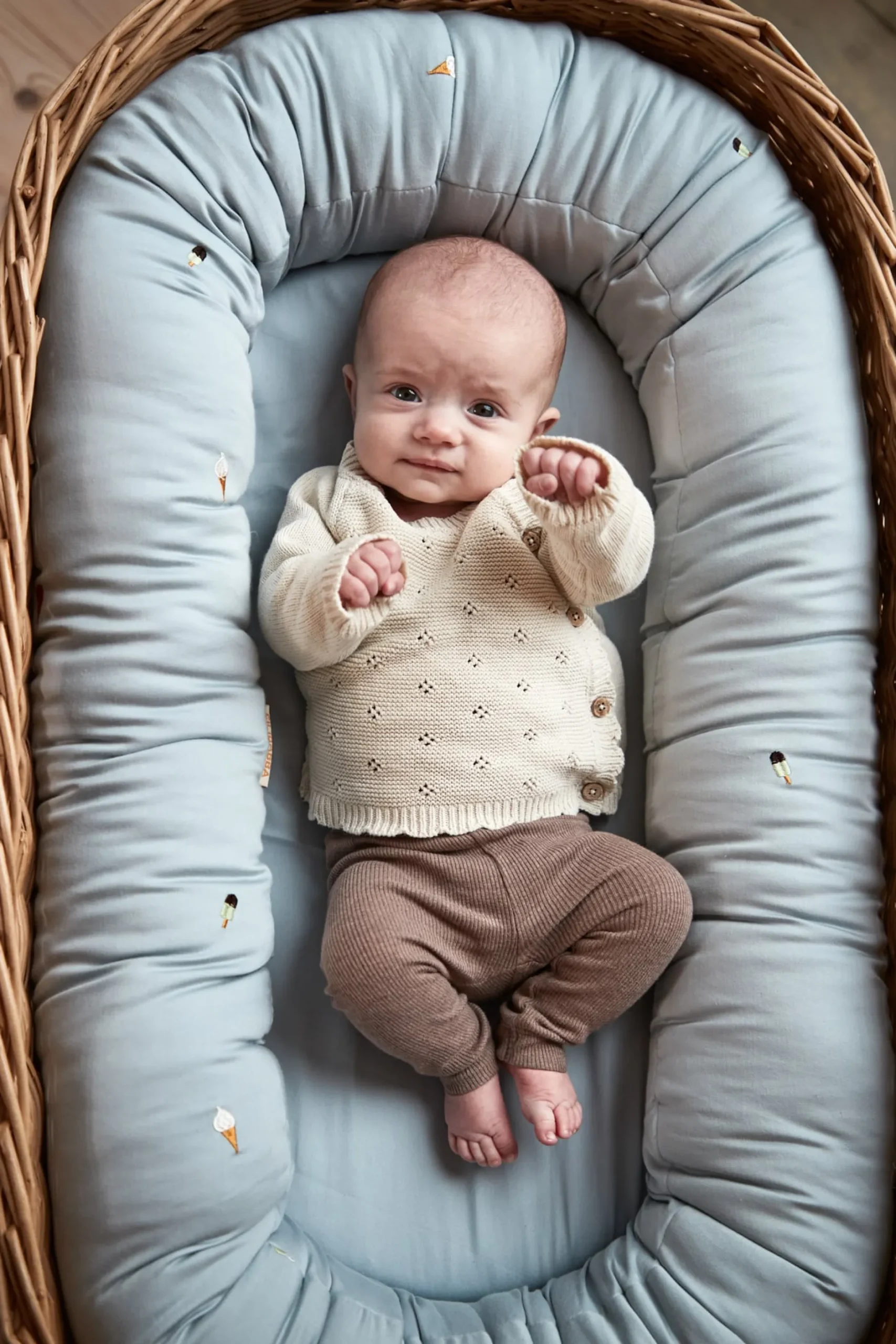 Filibabba Babynest 2:a generationen Broderad Cool Summer-Design Pearl Blue
