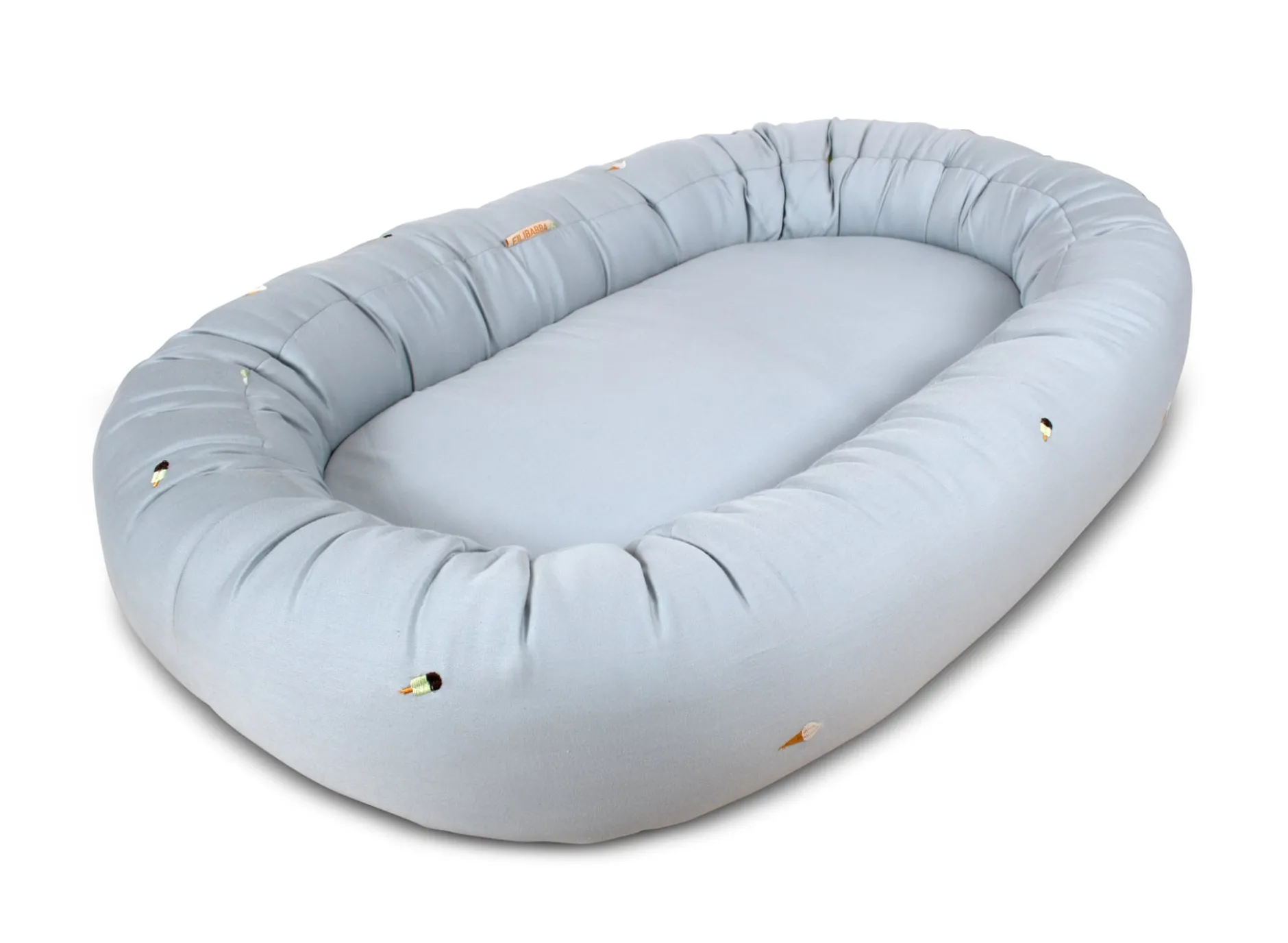 Filibabba Babynest 2:a generationen Broderad Cool Summer-Design Pearl Blue
