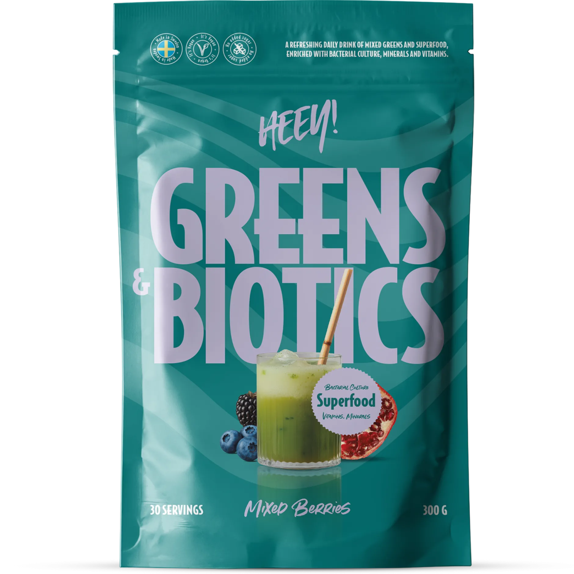 Heey! Greens & Biotics Superfood Mixade Bär 300 g