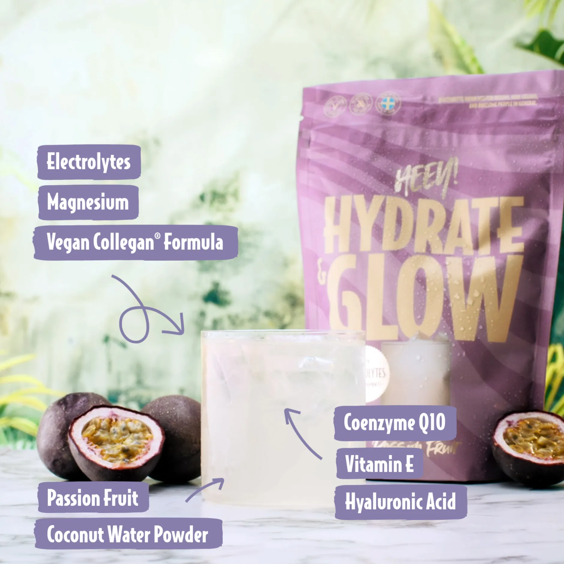 Heey!Hydrate & Glow Elektrolyter + Collegan® Passionsfrukt 240g