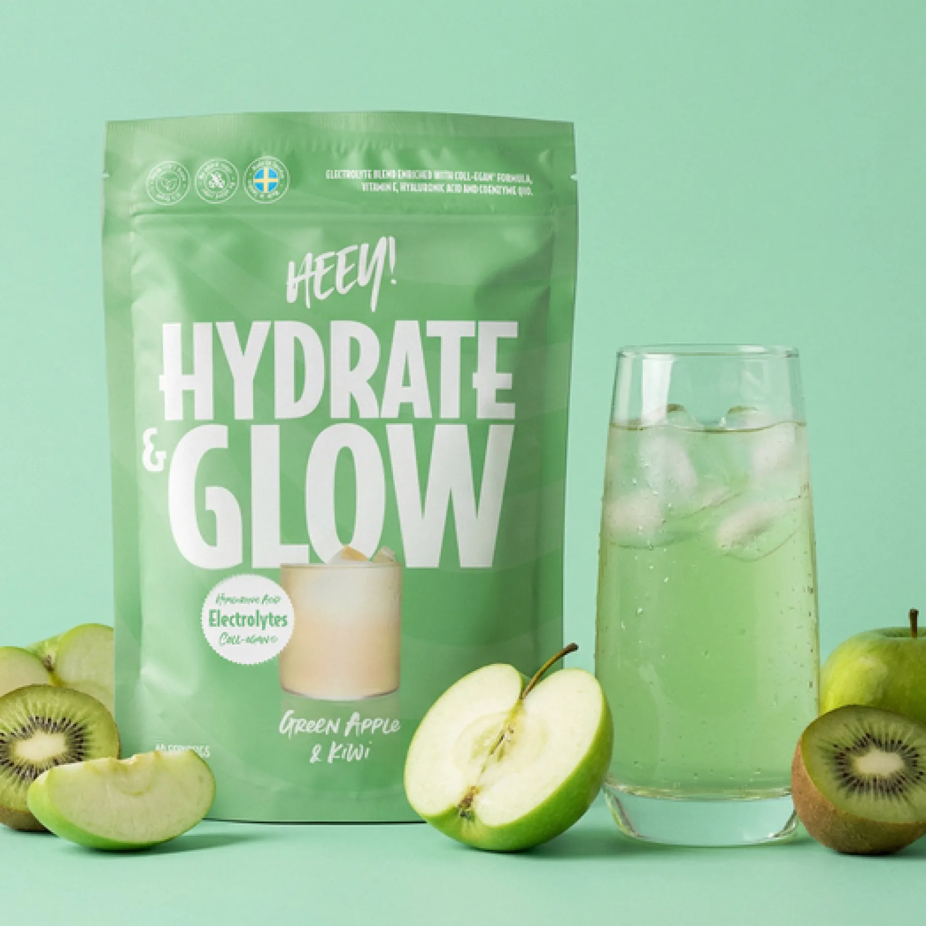 Heey! Hydrate & Glow Elektrolyter + Coll-egan® Grönt Äpple & Kiwi 240 g