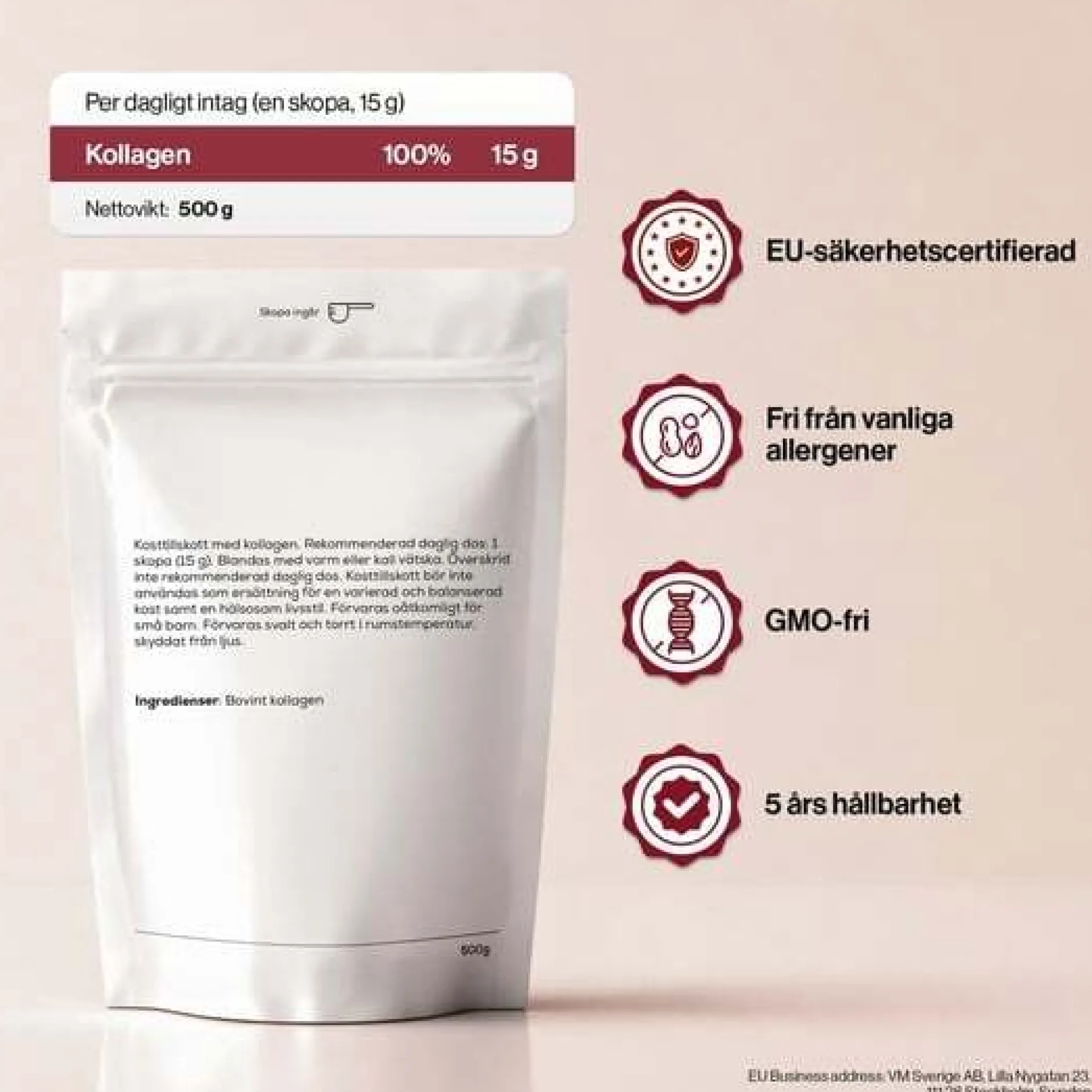 4 HER Collagen Pure 500 g - 100 % hydrolyserat kollagenpulver