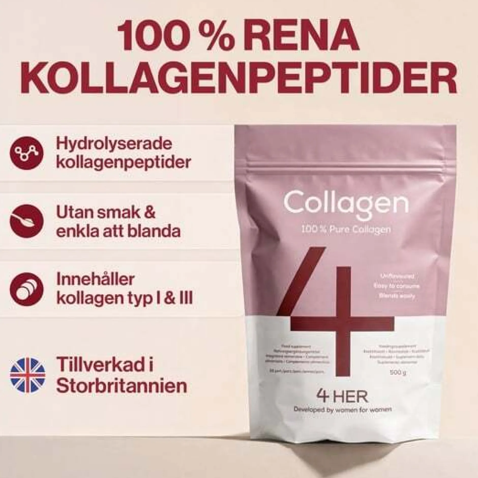 4 HER Collagen Pure 500 g - 100 % hydrolyserat kollagenpulver