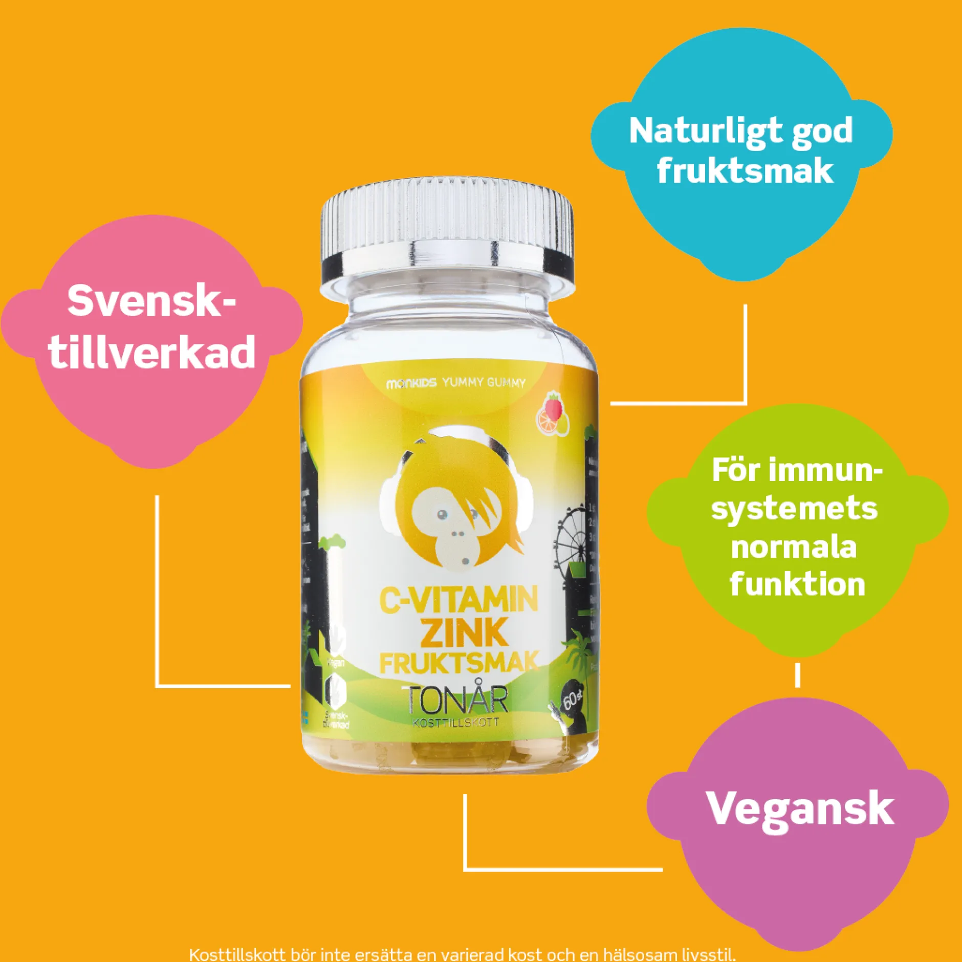 Monkids C-vitamin + Zink Tonår Fruktsmak 60 tuggtabletter
