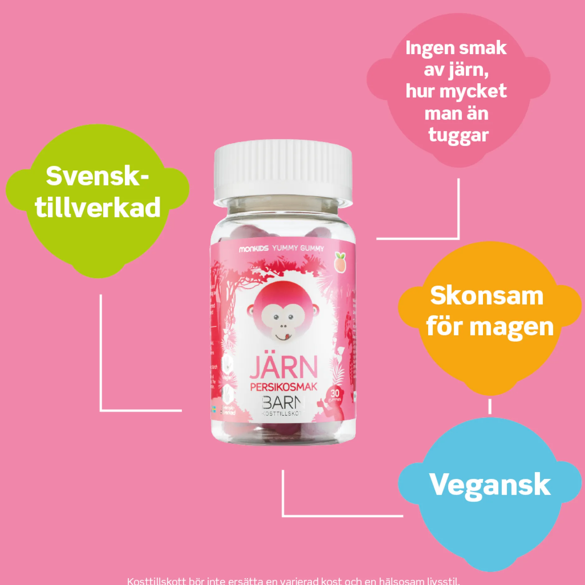Monkids Järn Barn Persika 30 tuggtabletter
