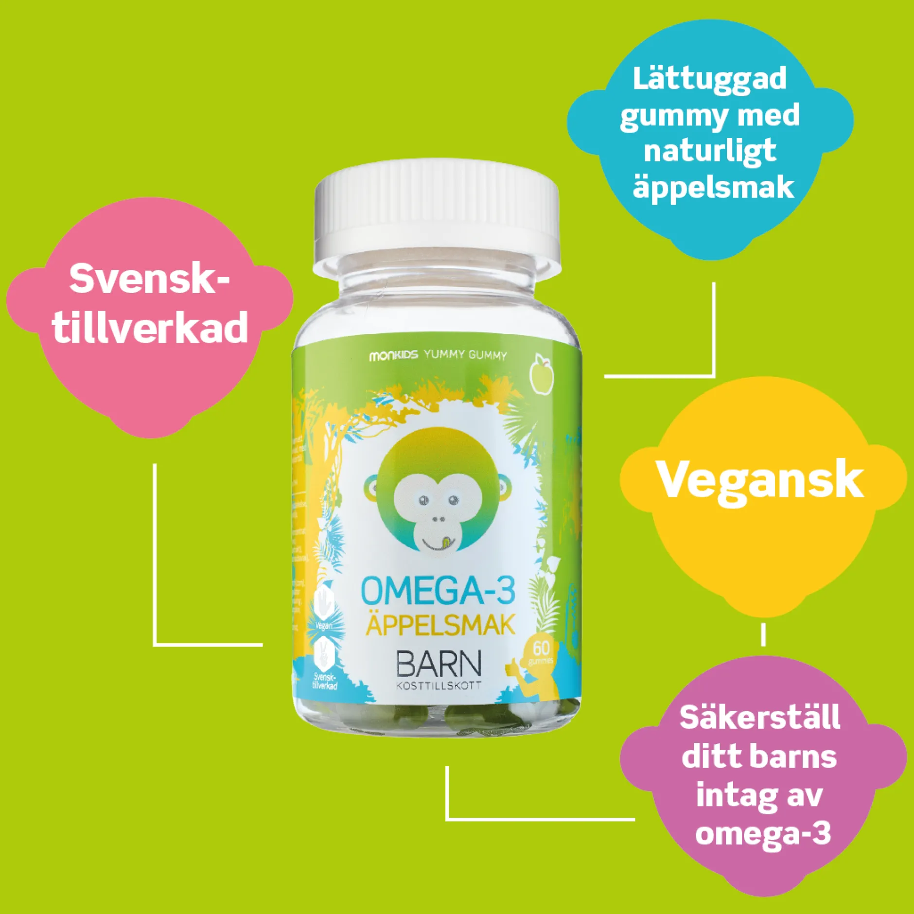 Monkids Omega-3 Barn Äpple 60 tuggisar