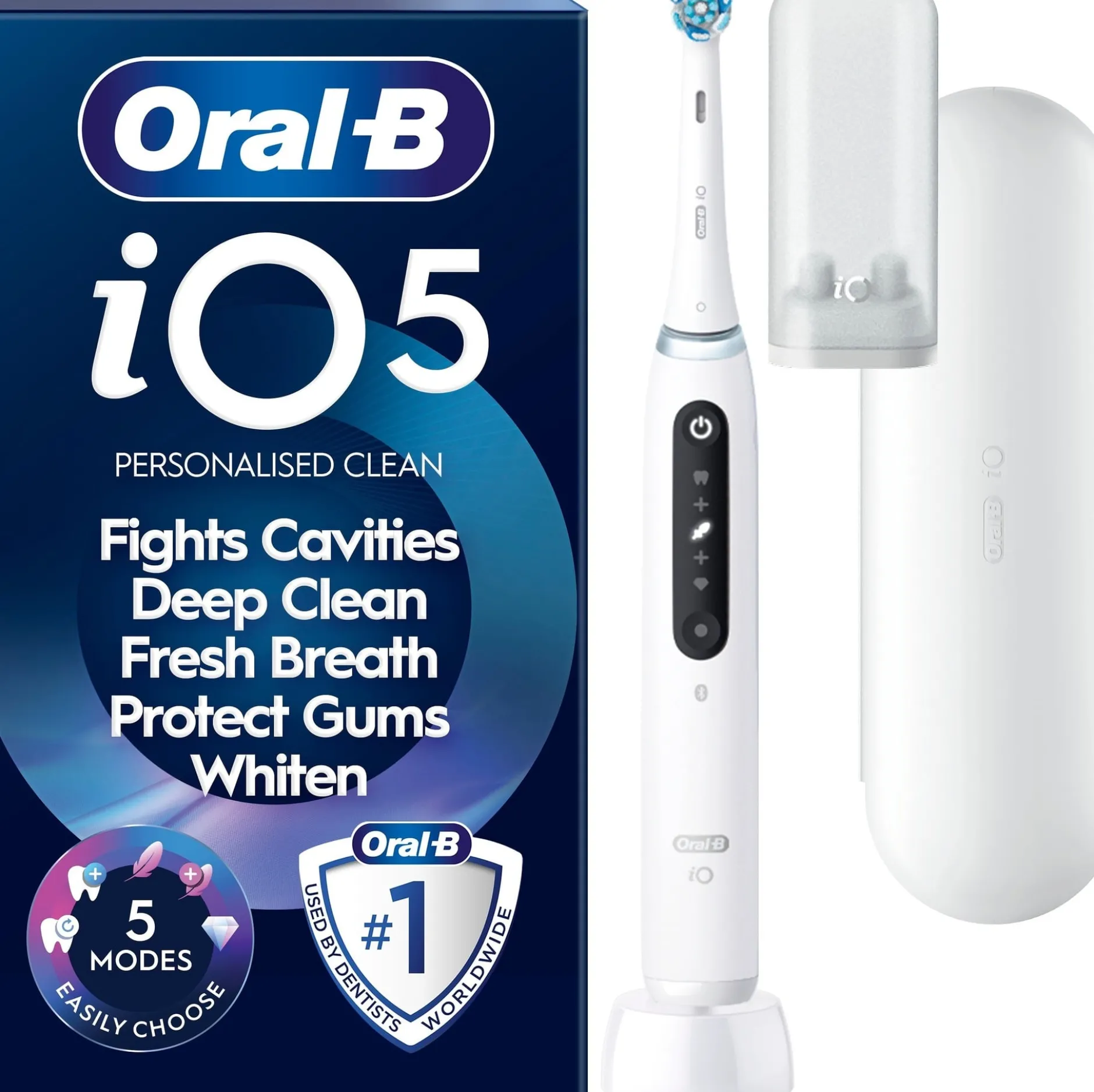 Oral-B iO5 Eltandborste Vit 1 Tandborsthuvud, Resefodral & Hållare till borsthuvud 1 st