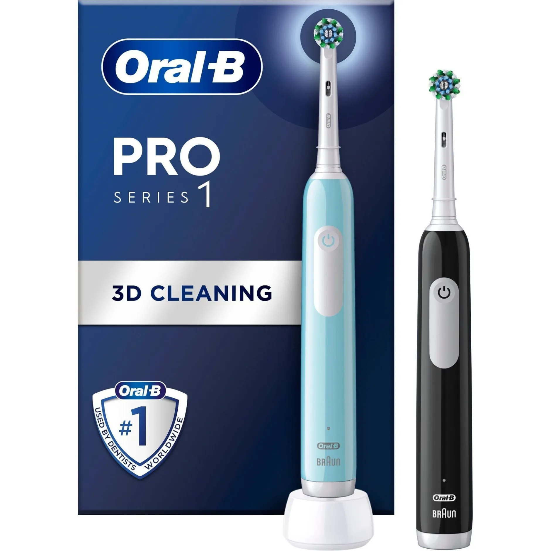 Oral-B Pro 1 Duopack, blå och svart eltandborste, 2 tandborsthuvuden