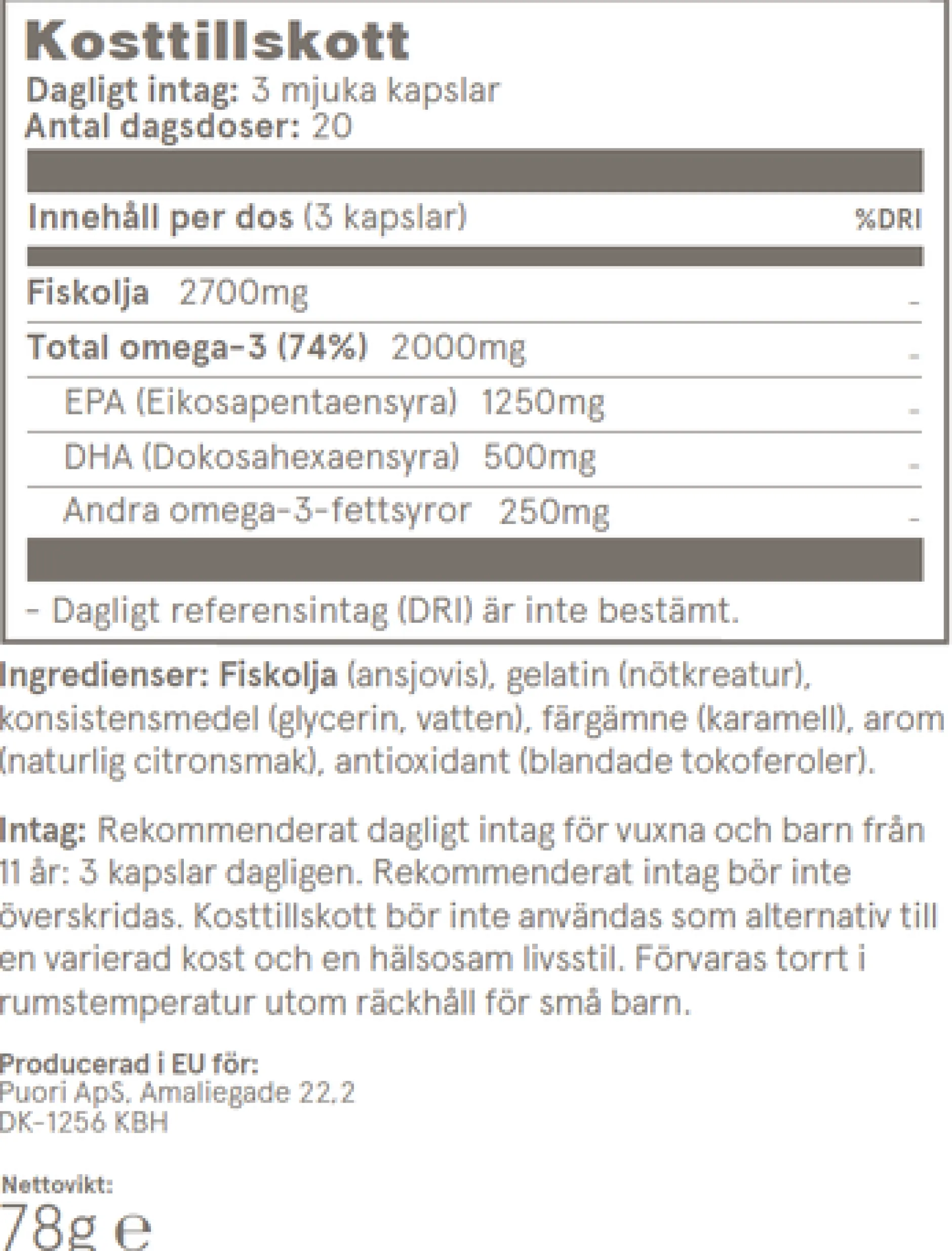 Puori O3 Omega-3 80% 2000 mg 120 kapslar