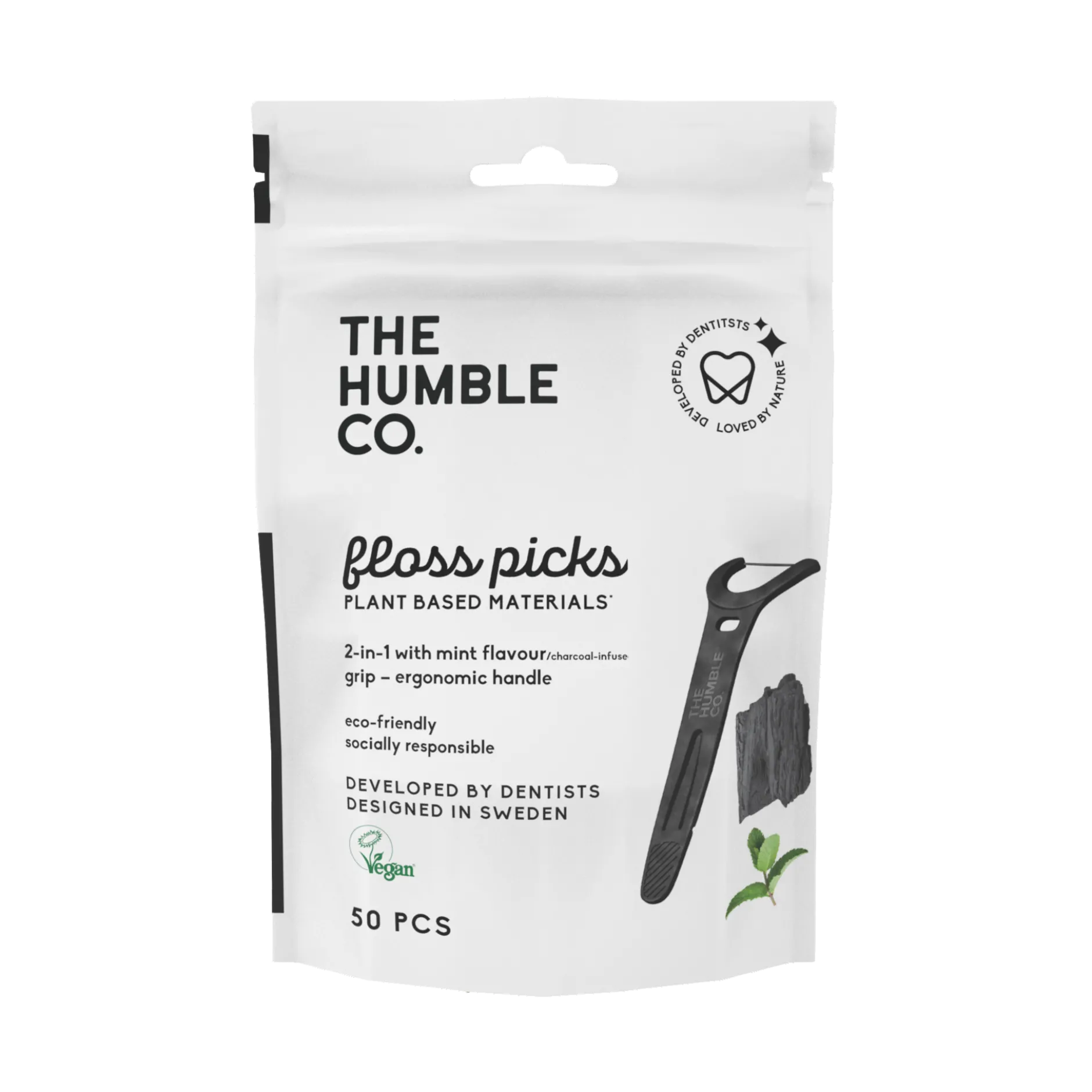 The Humble Co. Floss Picks Grip Handle Tandtrådsbyglar Charcoal 50 st