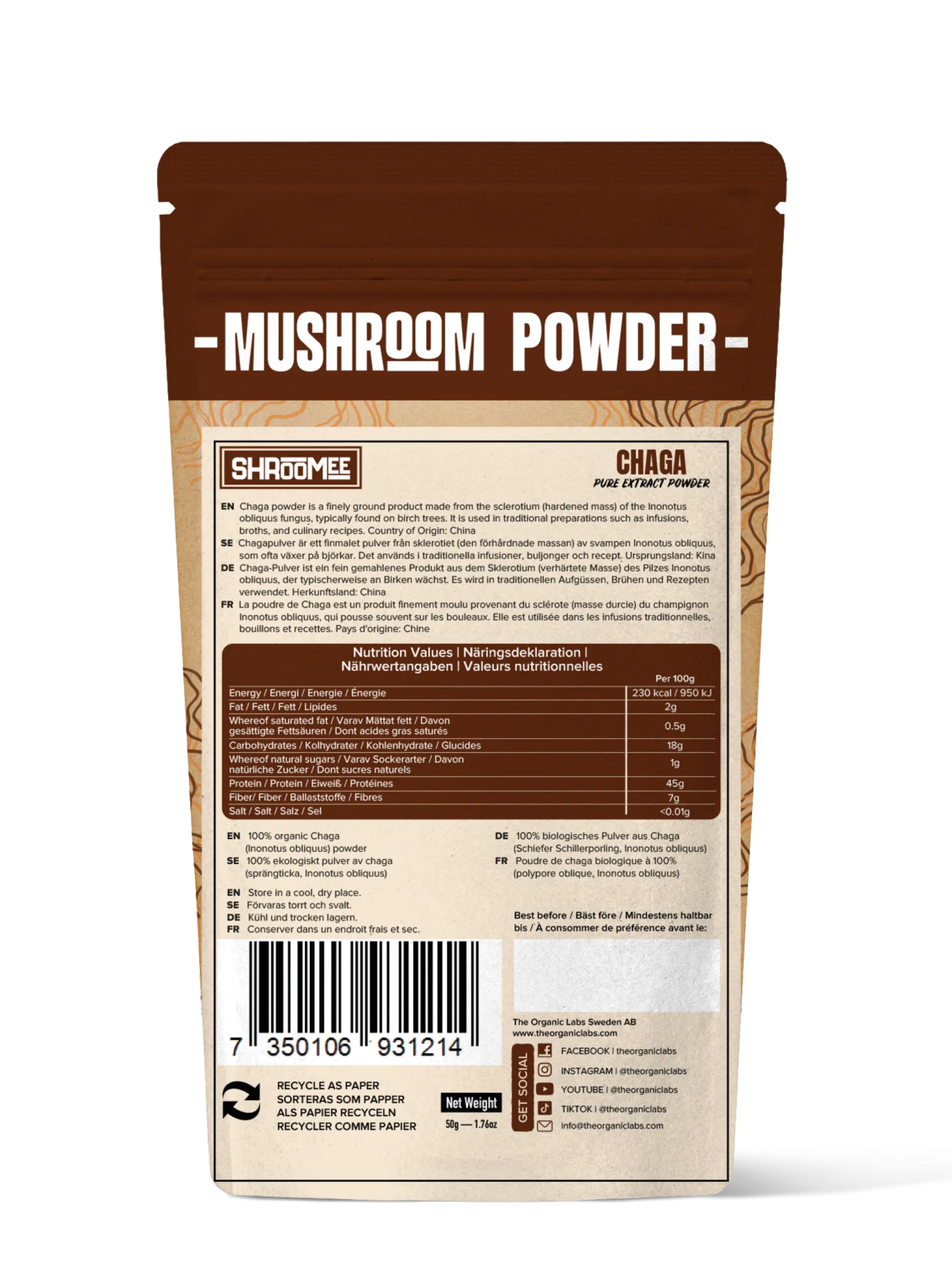 The Organic Labs Chaga-extraktpulver Inonotus obliquus 50 g