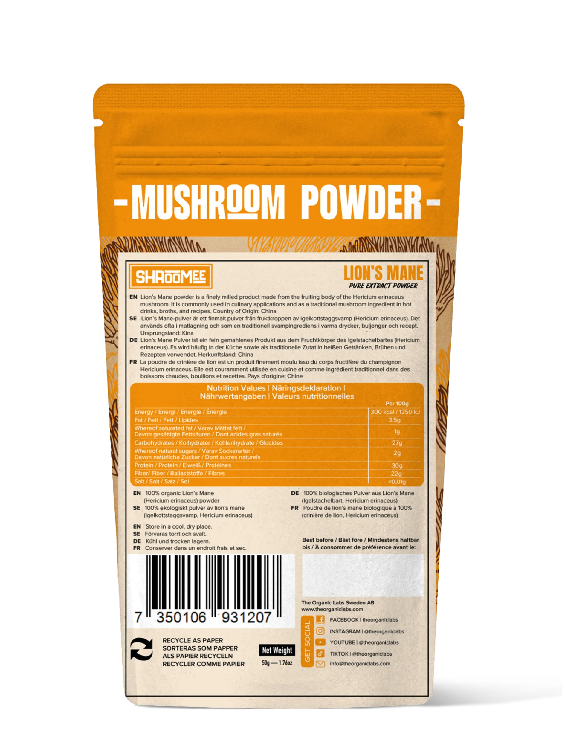 The Organic Labs Lion’s Mane-extraktpulver Igelkottstagsvamp 50 g