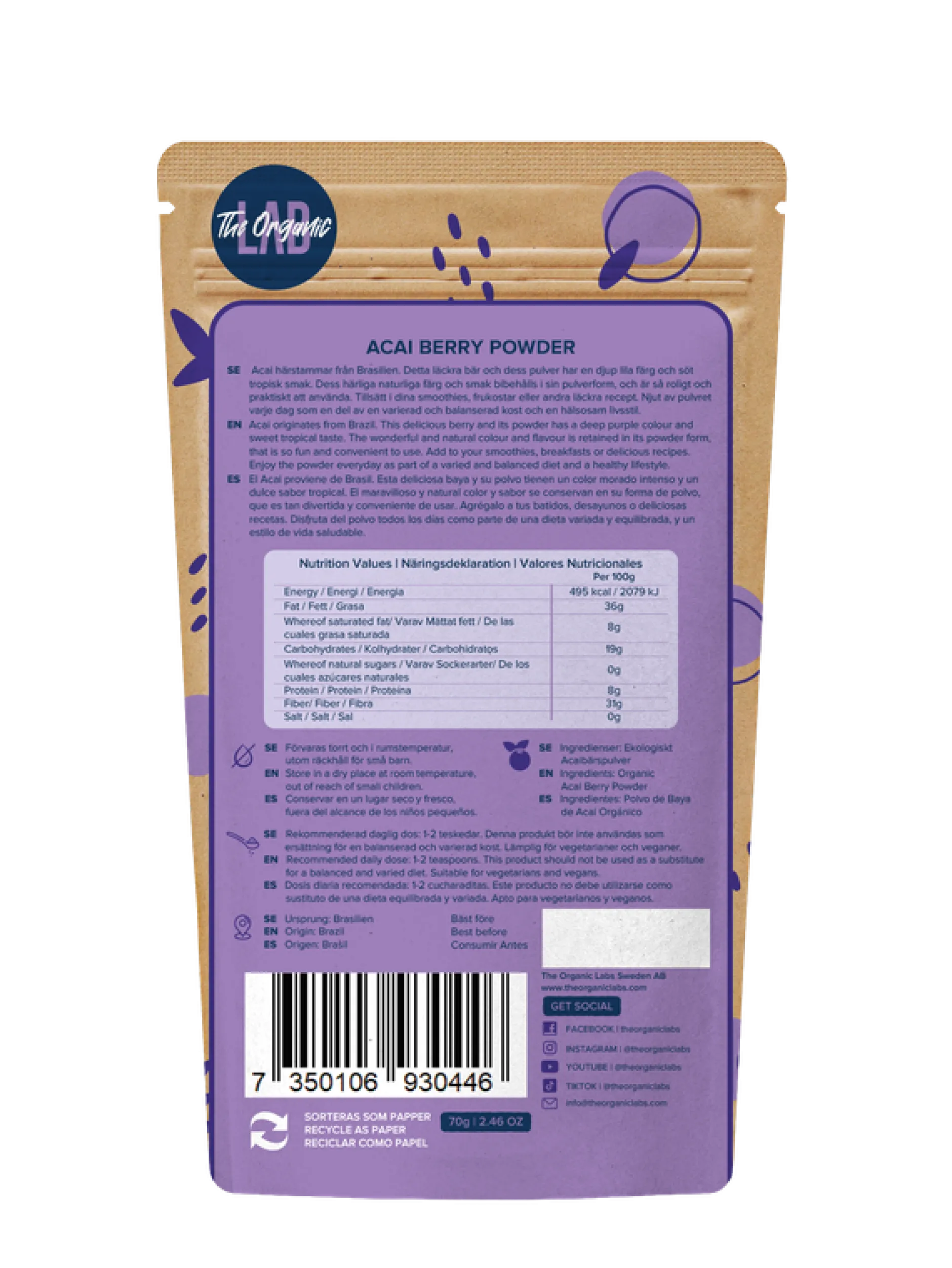 The Organic Labs Organic Acai Pulver 70g